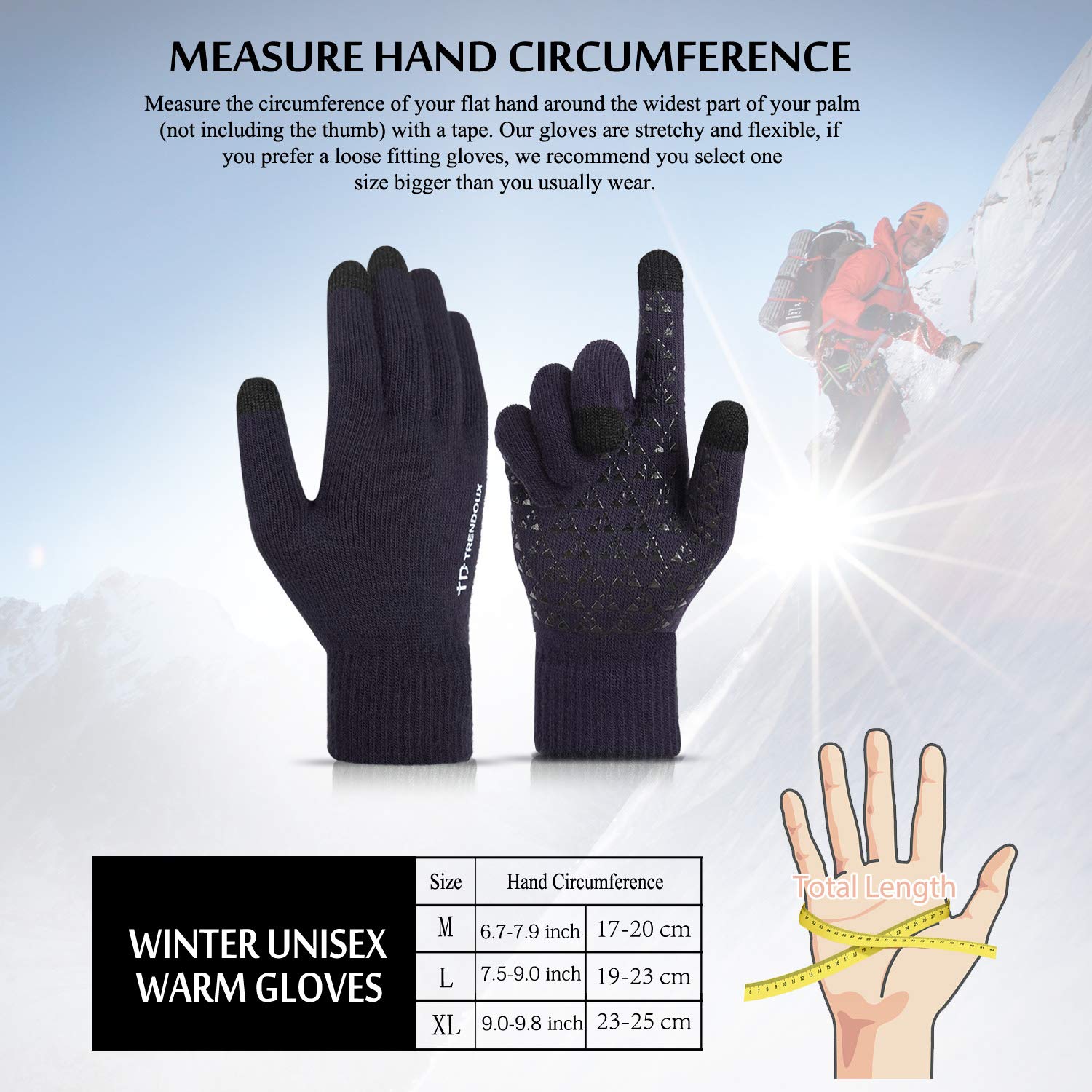 TRENDOUX Winter Gloves for Men Women - Upgraded Touch Screen Cold Weather Thermal Warm Knit Glove for Running Driving Hiking