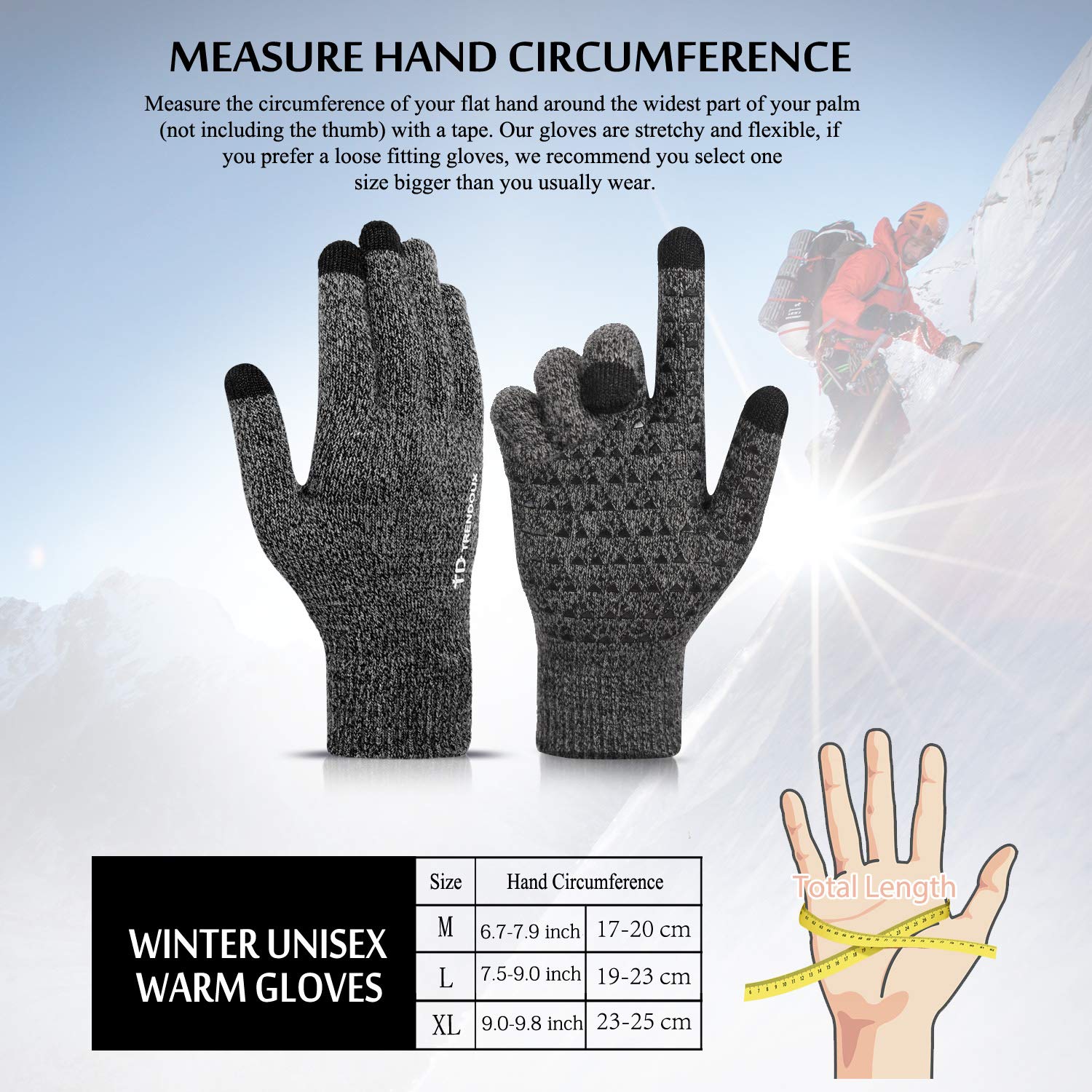 TRENDOUX Winter Gloves for Men Women - Upgraded Touch Screen Cold Weather Thermal Warm Knit Glove for Running Driving Hiking